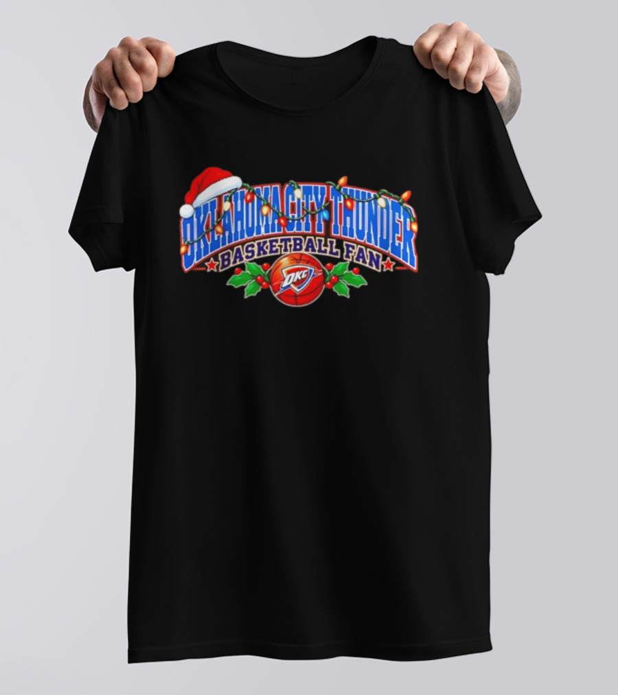 Oklahoma City Thunder Basketball Fan Santa Hat Christmas Lights T-Shirt