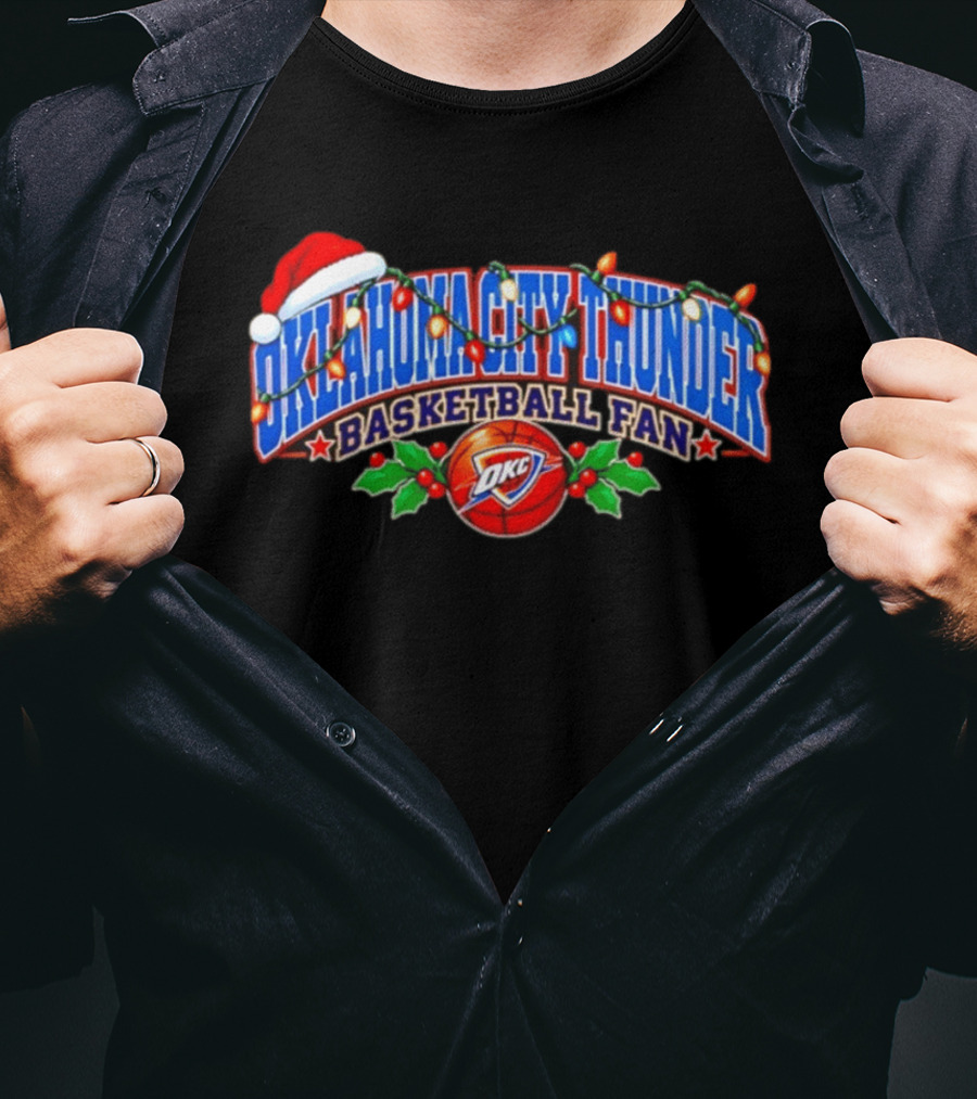 Oklahoma City Thunder Basketball Fan Santa Hat Christmas Lights T-Shirt