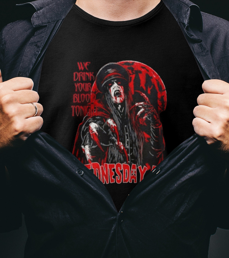 We Drink Your Blood Tonight Wednesday 13 Halloween Vampire Claws Red Moon T-Shirt