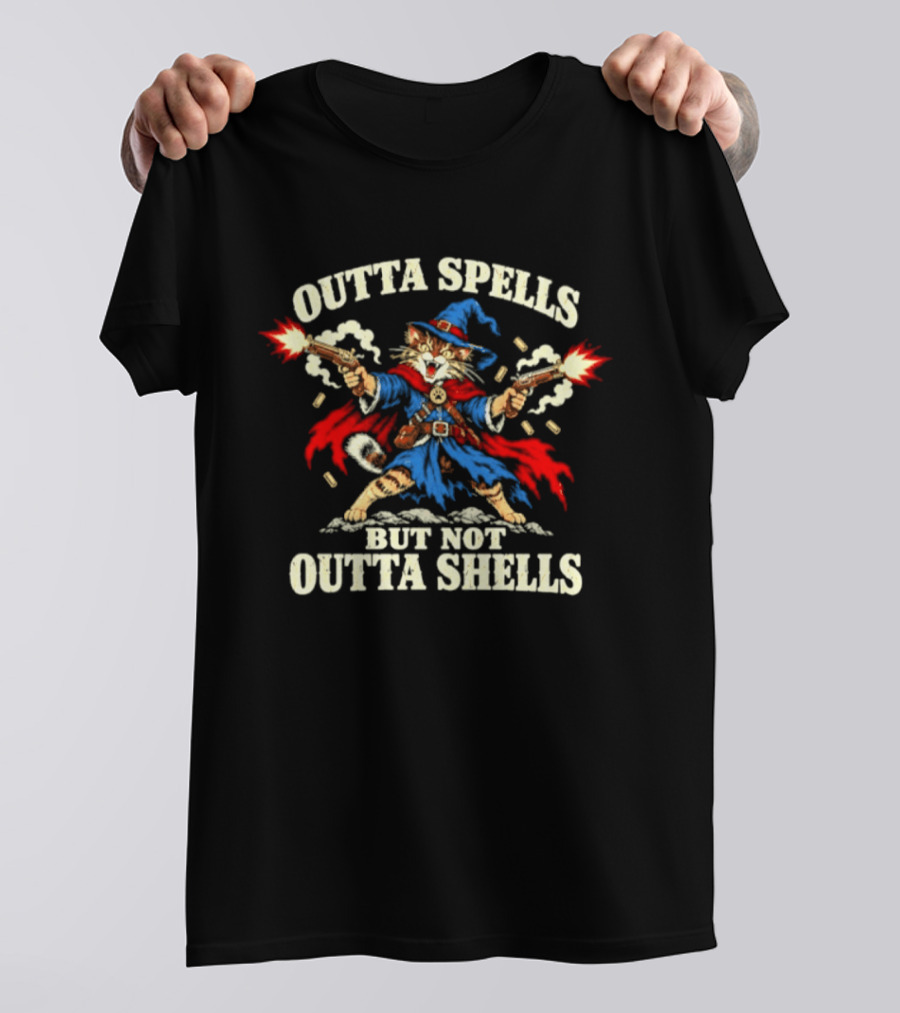 Outta Spells But Not Outta Shells Wizard Cat Pistol T-Shirt