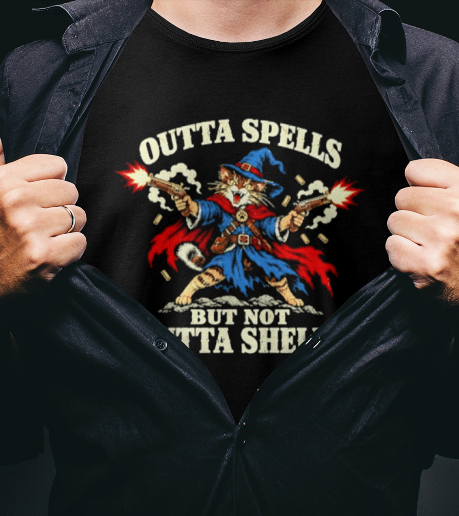 Outta Spells But Not Outta Shells Wizard Cat Pistol T-Shirt