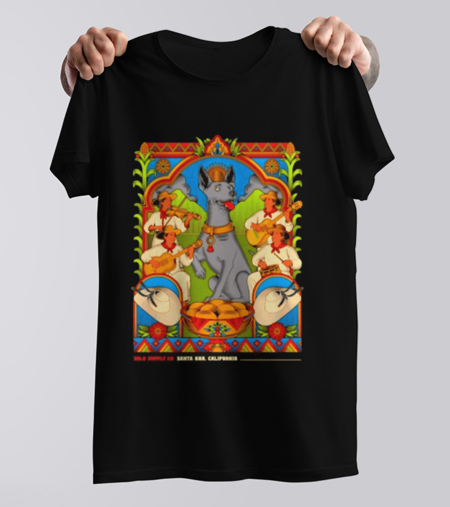 Xolo Supply Co Santa Ana California Xoloitzcuintli Vintage Mexican Art With Musicians And Dog T-Shirt