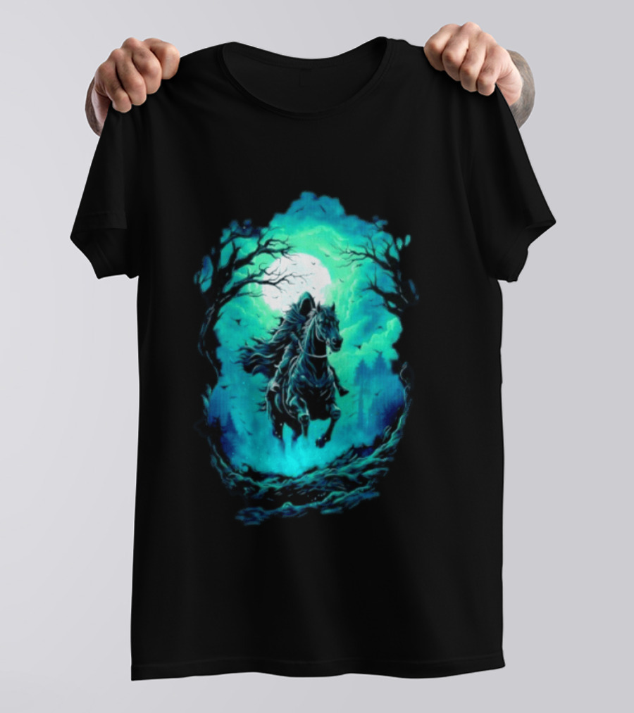 Shadow Rider Dark Fantasy Horse Moon Gothic Scene With Rider And Trees T-Shirt