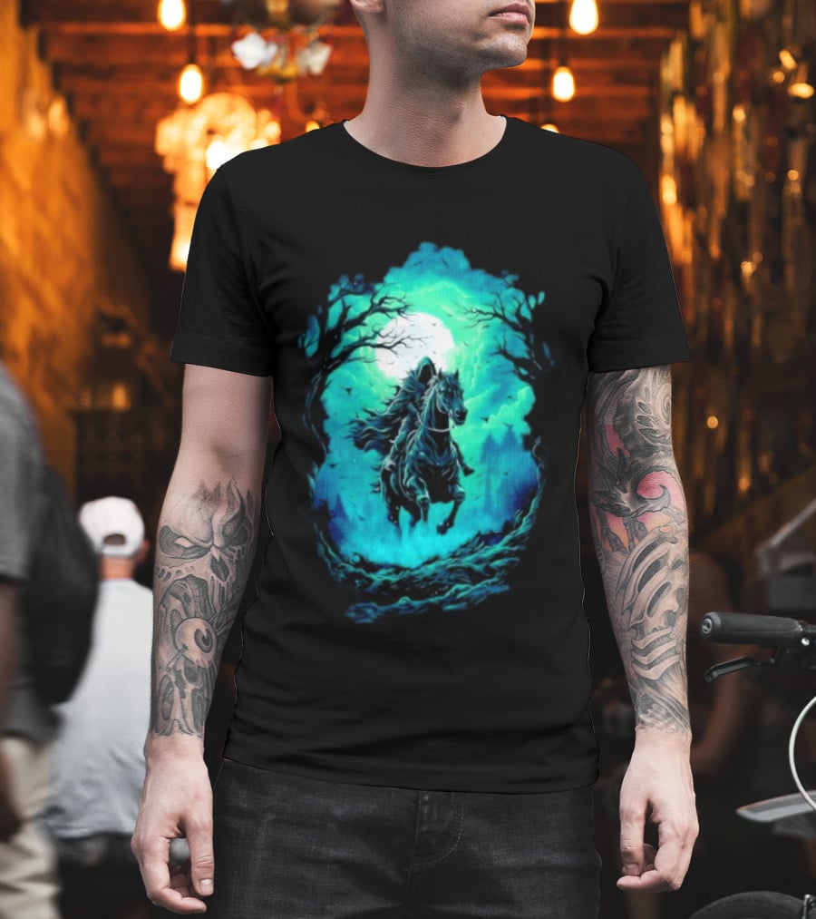 Shadow Rider Dark Fantasy Horse Moon Gothic Scene With Rider And Trees T-Shirt