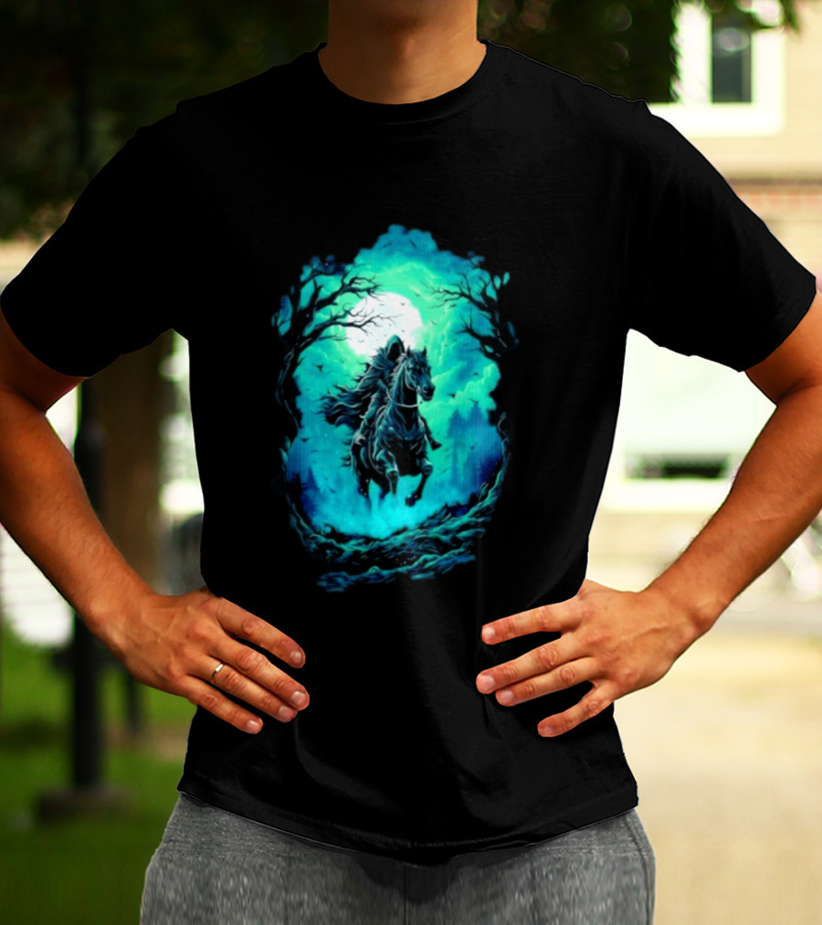Shadow Rider Dark Fantasy Horse Moon Gothic Scene With Rider And Trees T-Shirt