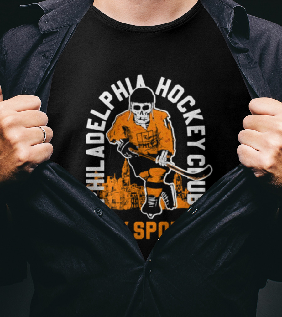 Philadelphia Hockey Club Skeleton Since 1967 Phly Sports Skyline T-Shirt