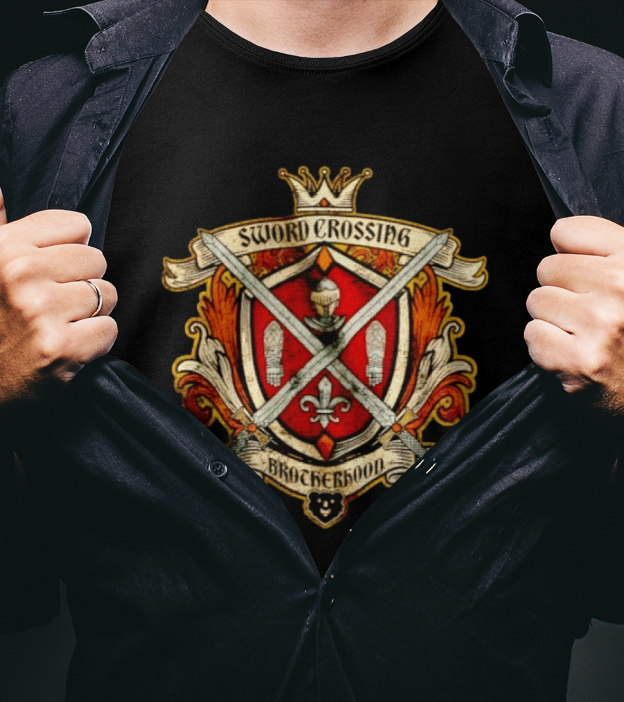 Sword Crossing Brotherhood Medieval Knight Coat Of Arms Crown Fleur De Lis Crest T-Shirt
