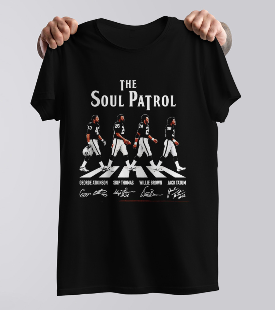 The Soul Patrol Abbey Road Signatures George Atkinson Skip Thomas Willie Brown Jack Tatum Oakland Raiders Football T-Shirt