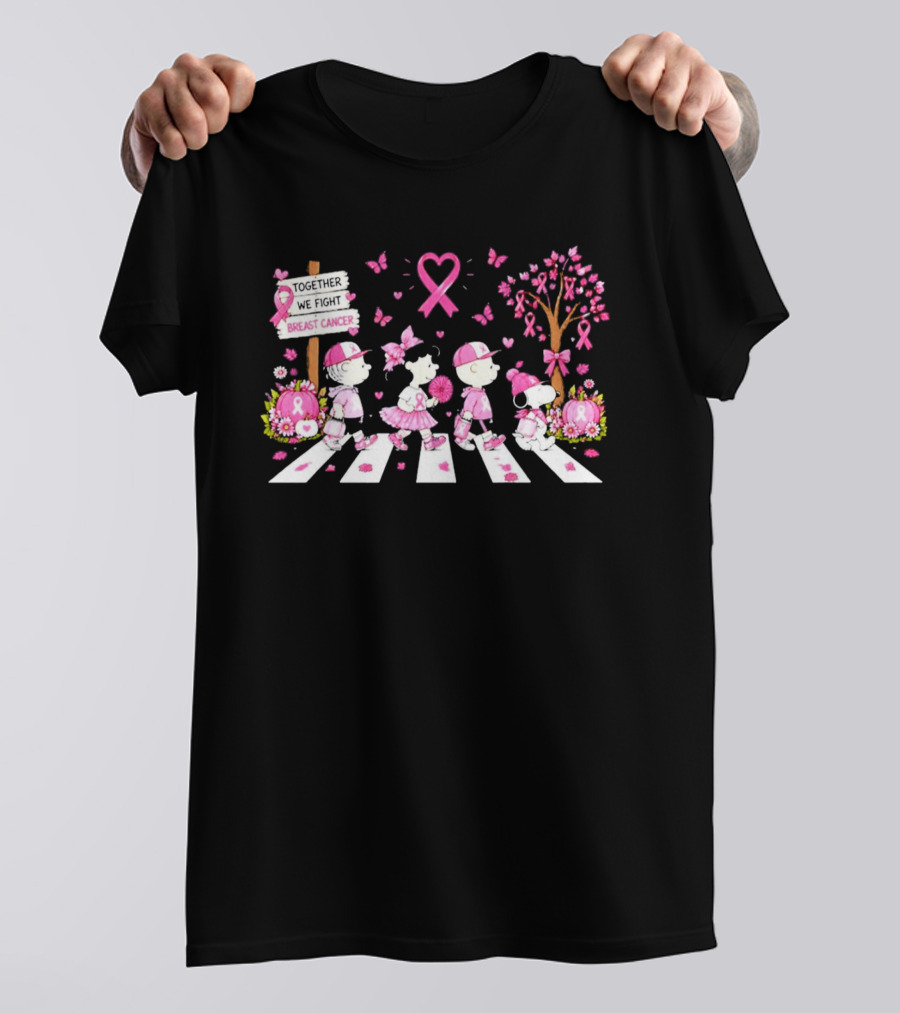 Together We Fight Breast Cancer Peanuts Characters Abbey Road Pink Ribbon Butterflies T-Shirt