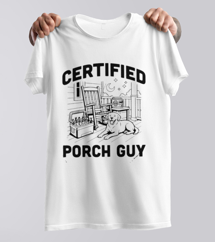 Certified Porch Guy Rocking Chair Dog Lover Night Scene T-Shirt