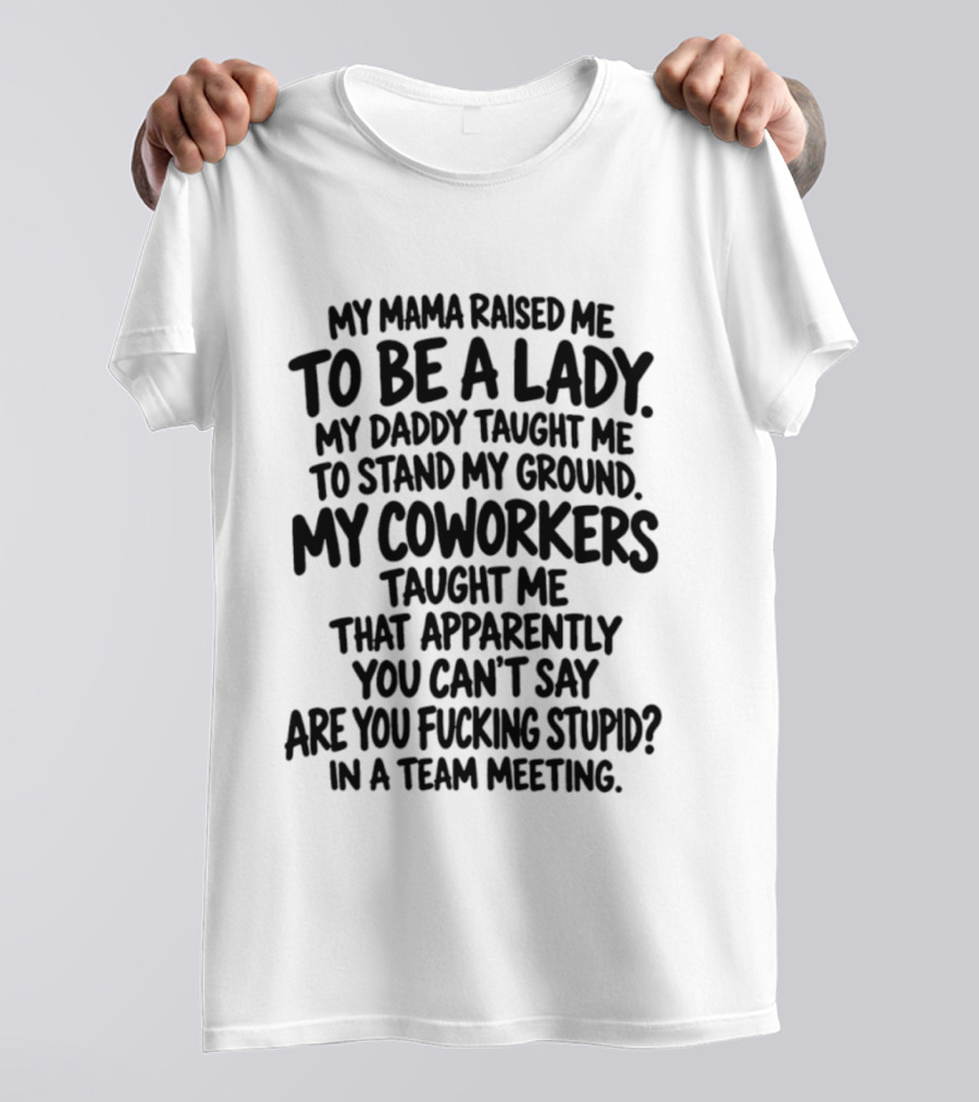 My Mama Raised Me To Be A Lady My Daddy Taught Me To Stand My Ground My Coworkers Taught Me You Can't Say Are You Stupid In A Team Meeting T-Shirt