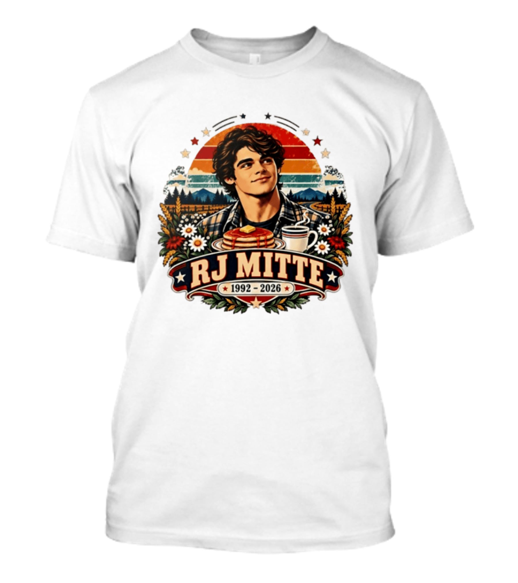 RJ Mitte 1992 2026 Pancakes And Coffee Retro Nature Scene T-Shirt