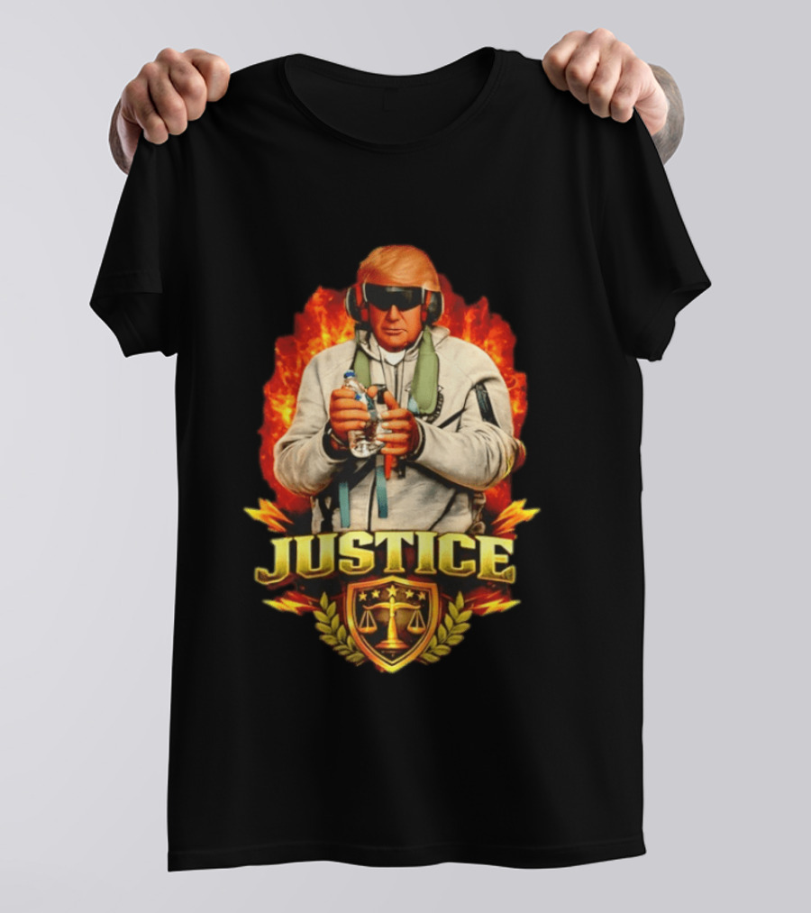 Justice Trump Flaming Background Holding Water Scales Of Justice T-Shirt