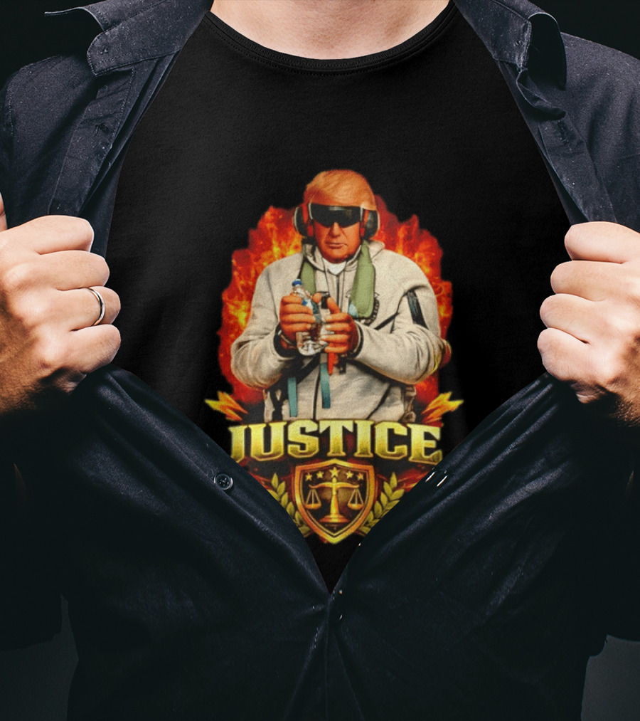 Justice Trump Flaming Background Holding Water Scales Of Justice T-Shirt
