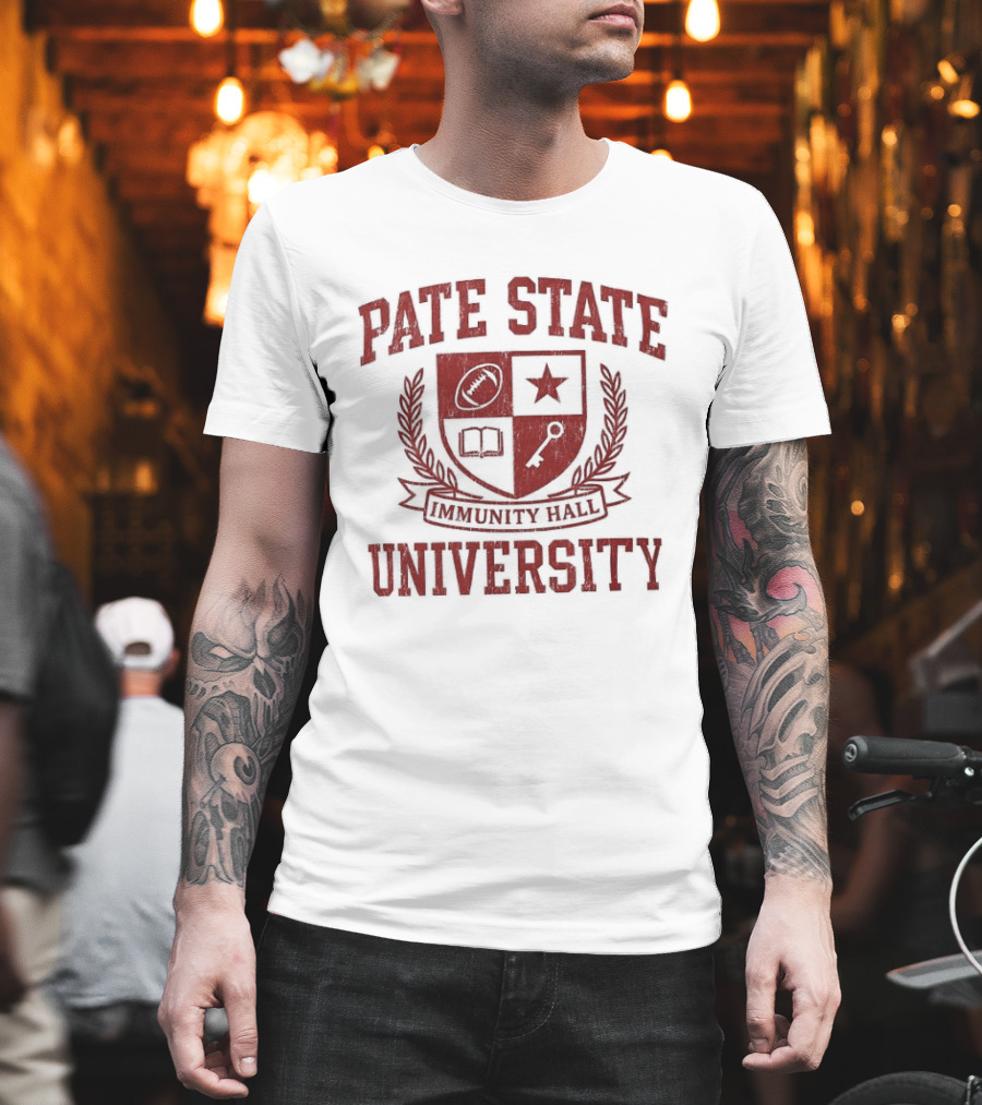 Pate State University Immunity Hall Laurel Wreath Shield Football Star Book Key T-Shirt