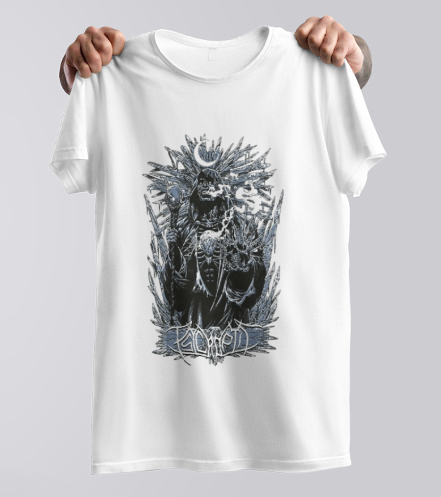 Psycroptic Ice Demon Moonlit Sorcerer Holding Crystal Staff And Skull T-Shirt