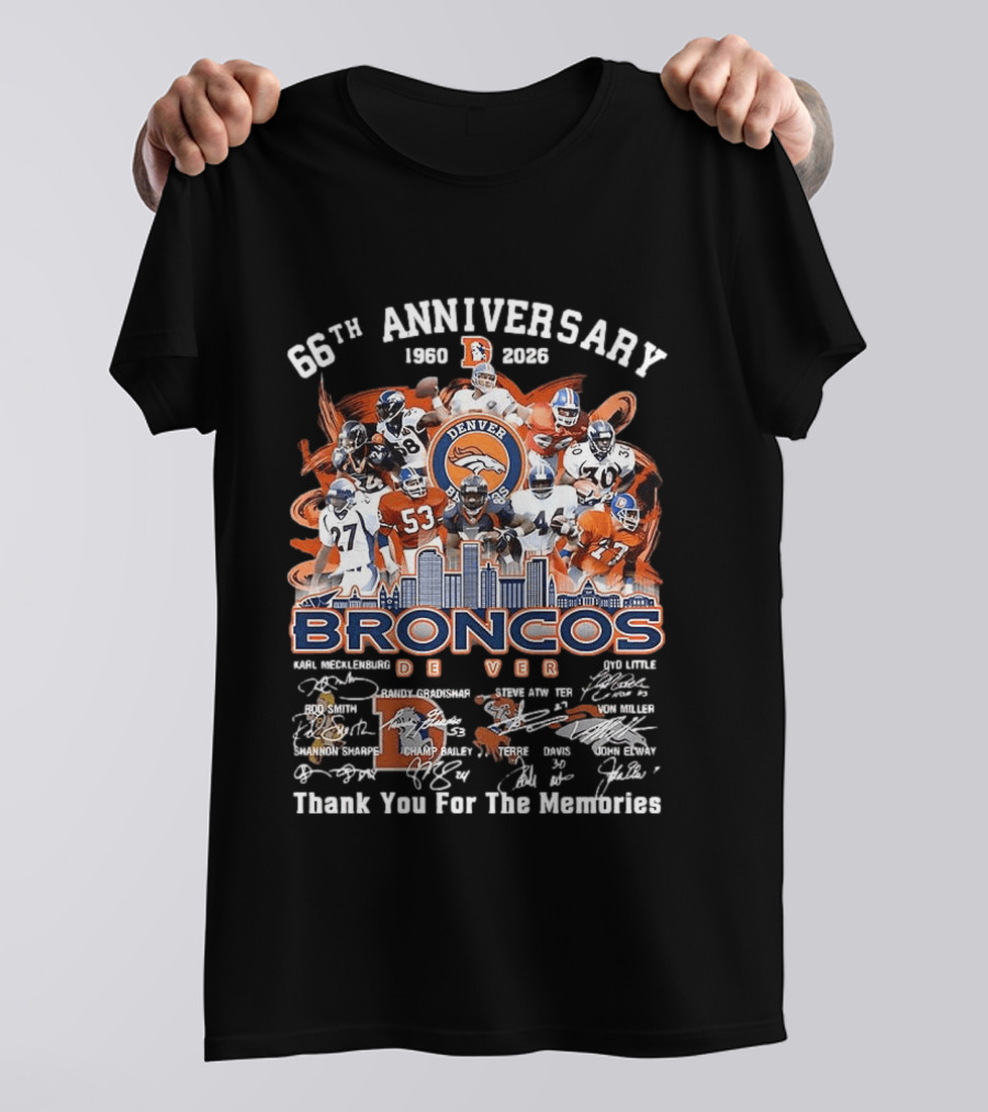 Denver Broncos 66th Anniversary 1959 2023 Thank You For The Memories Skyline Players T-Shirt
