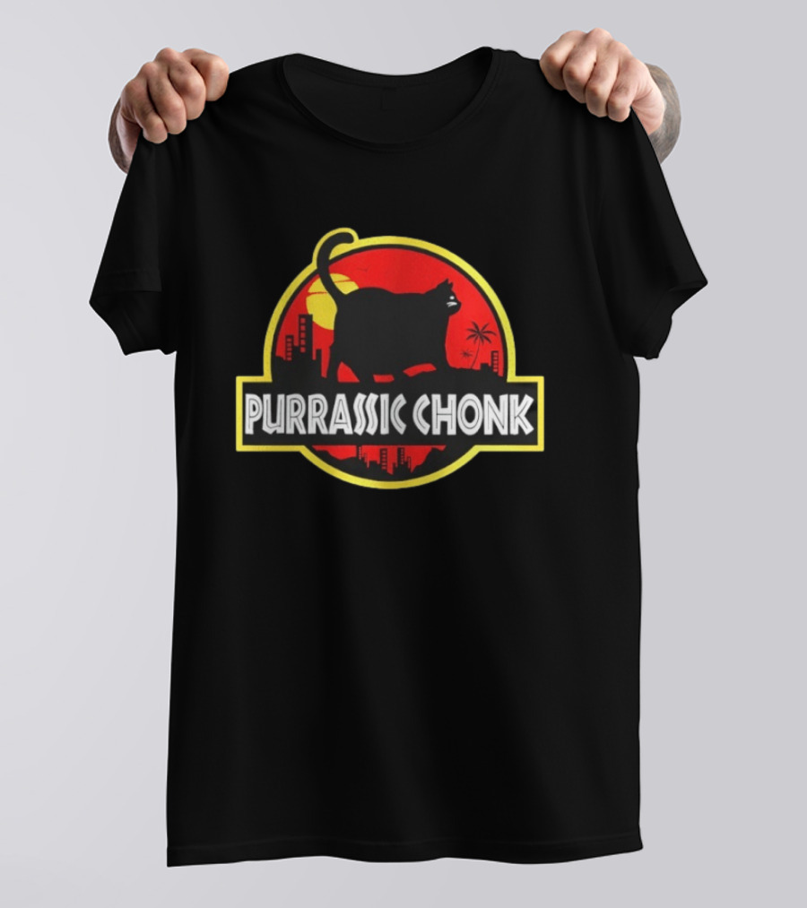 Purrassic Chonk Jurassic Cat Parody With Cat Silhouette On Red Sun T-Shirt