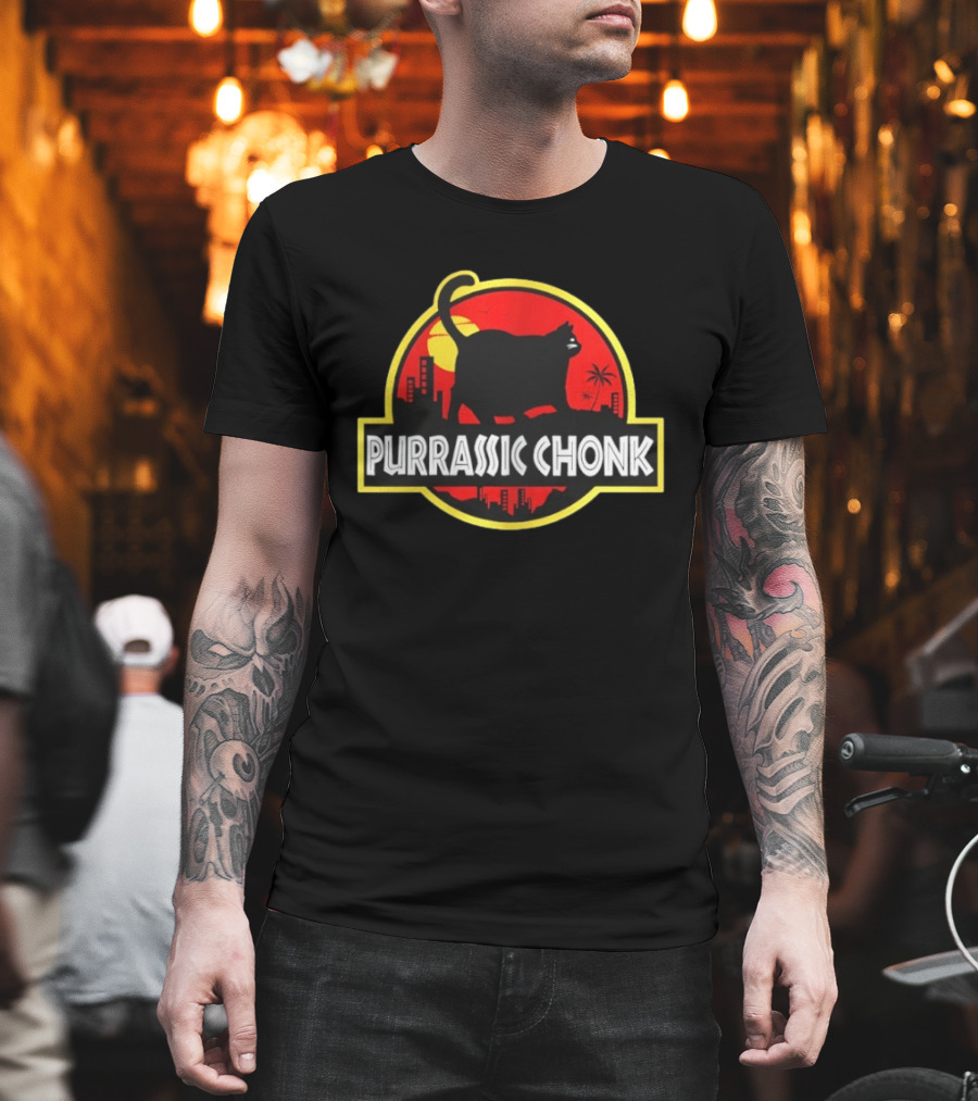 Purrassic Chonk Jurassic Cat Parody With Cat Silhouette On Red Sun T-Shirt