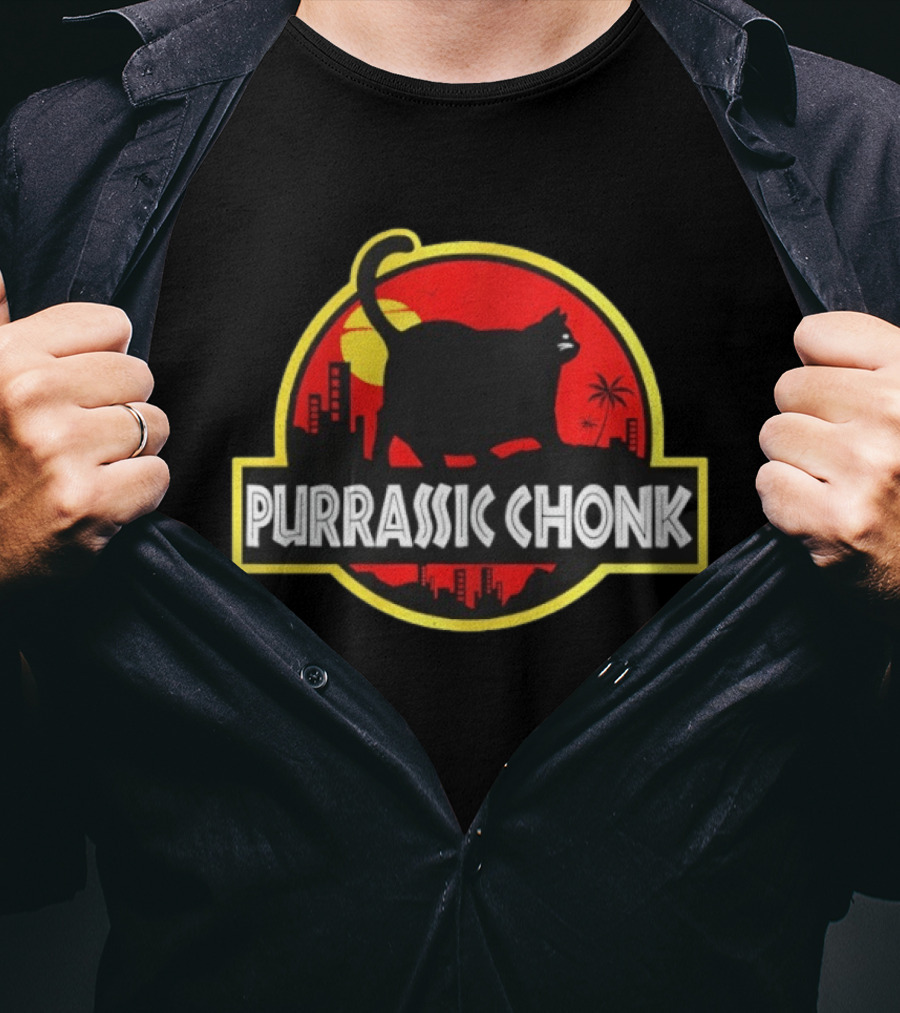 Purrassic Chonk Jurassic Cat Parody With Cat Silhouette On Red Sun T-Shirt