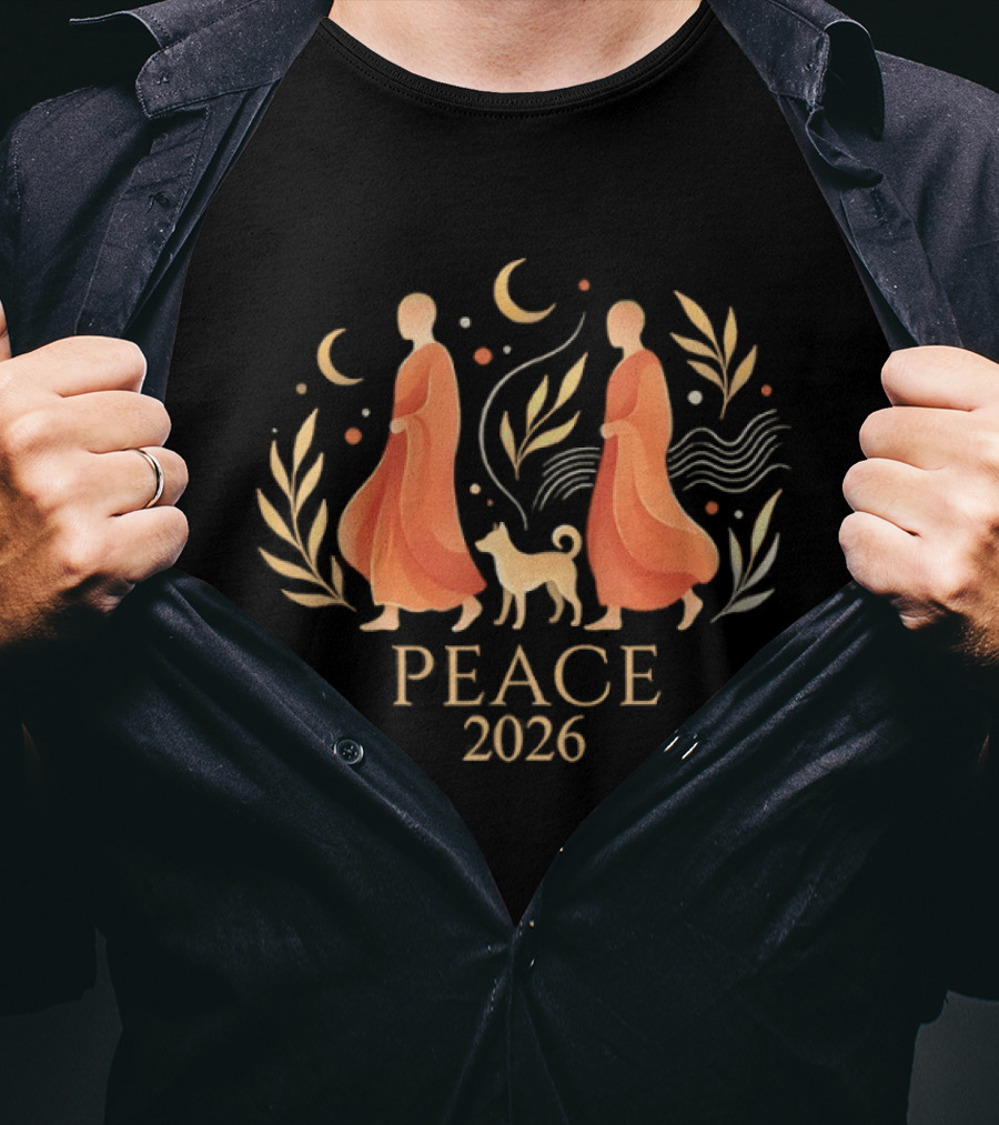 Peace 2026 Walk Monks With Dog Spiritual Harmony T-Shirt