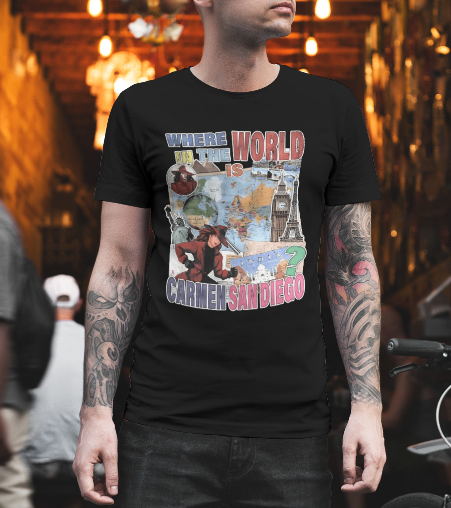 Where In The World Is Carmen Sandiego Map And Landmarks Collage T-Shirt