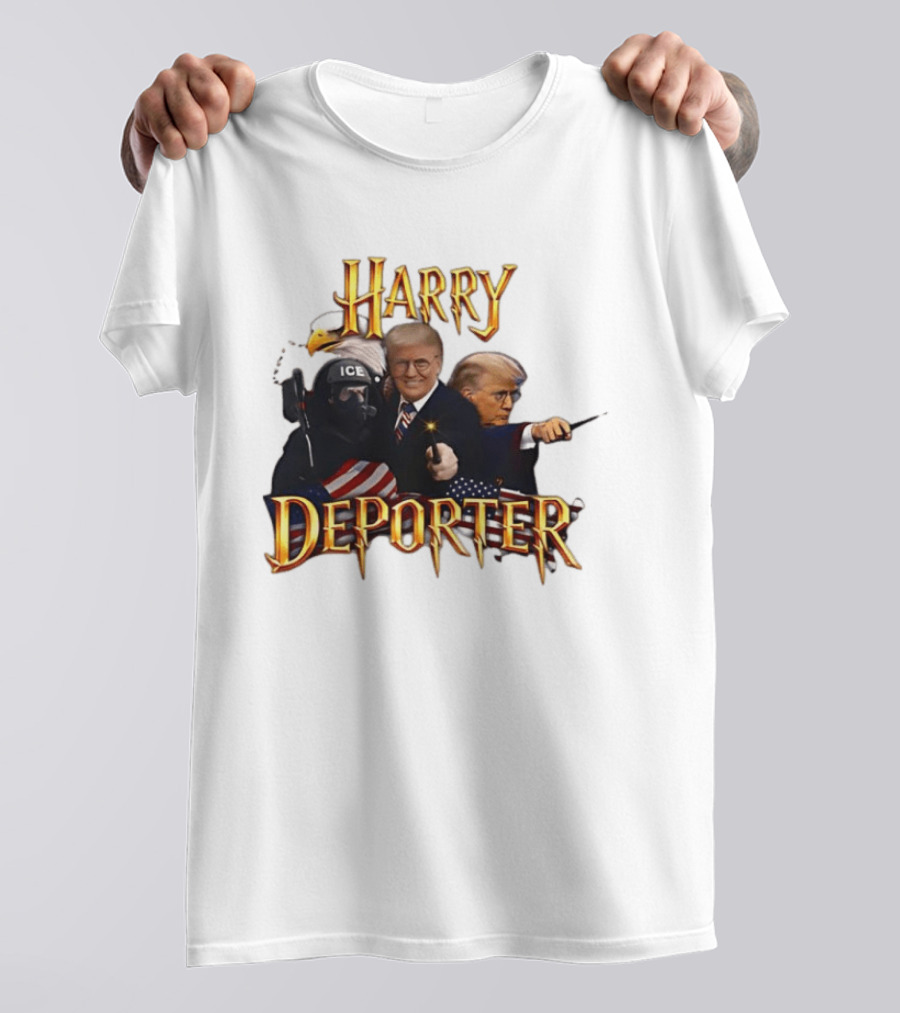 Harry Deporter Trump ICE Caricature American Flag Wand And Eagle T-Shirt
