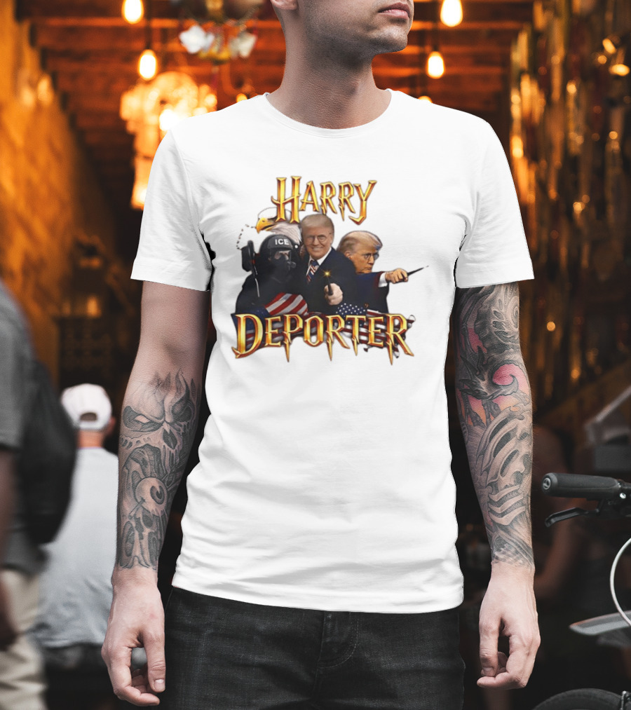 Harry Deporter Trump ICE Caricature American Flag Wand And Eagle T-Shirt
