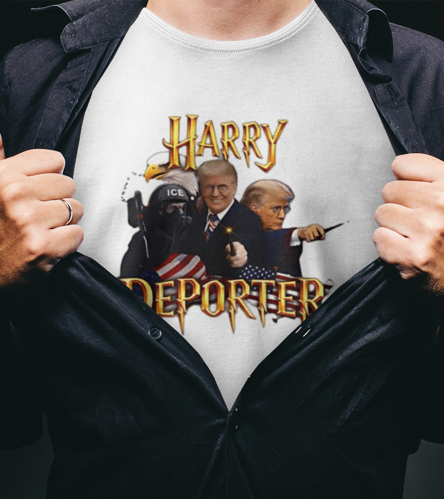 Harry Deporter Trump ICE Caricature American Flag Wand And Eagle T-Shirt