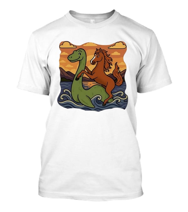 Playful Horse Riding Loch Ness Monster At Sunset Scene T-Shirt