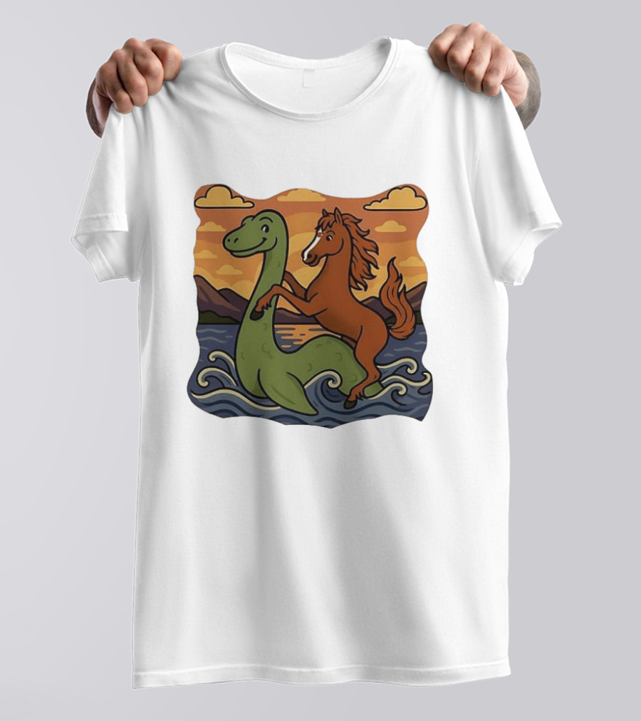 Playful Horse Riding Loch Ness Monster At Sunset Scene T-Shirt