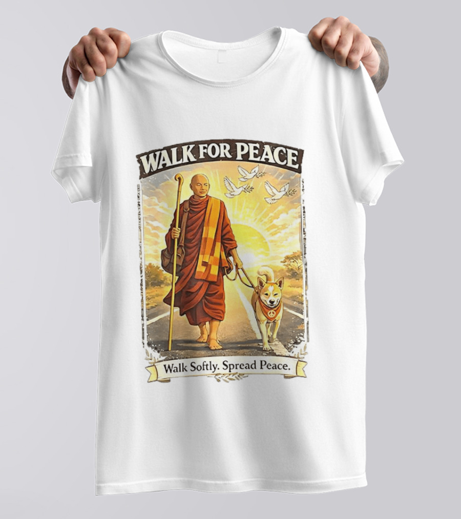 Walk For Peace Walk Softly Spread Peace Monks And Aloka The Peace Dog Doves Sun T-Shirt