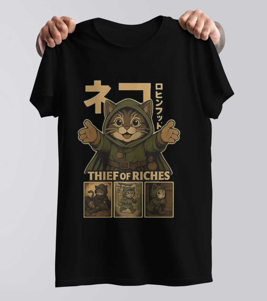 Cat Thief Of Riches Japanese Text Playful Robber T-Shirt
