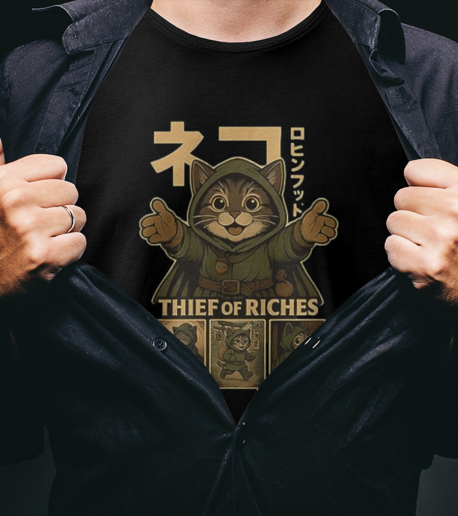 Cat Thief Of Riches Japanese Text Playful Robber T-Shirt