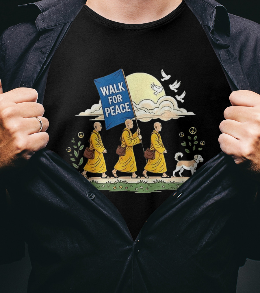 Walk For Peace Buddhist Monks And Dog Journey With Doves And Peace T-Shirt