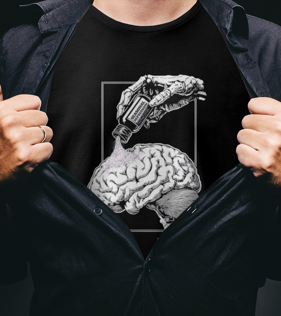 Seasonal Depression Skeleton Hand Pouring On Brain T-Shirt