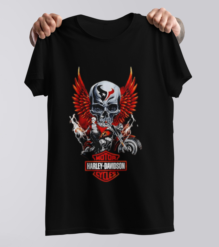 Houston Texans Harley Davidson Motorcycles Skull Wings Red Flames T-Shirt