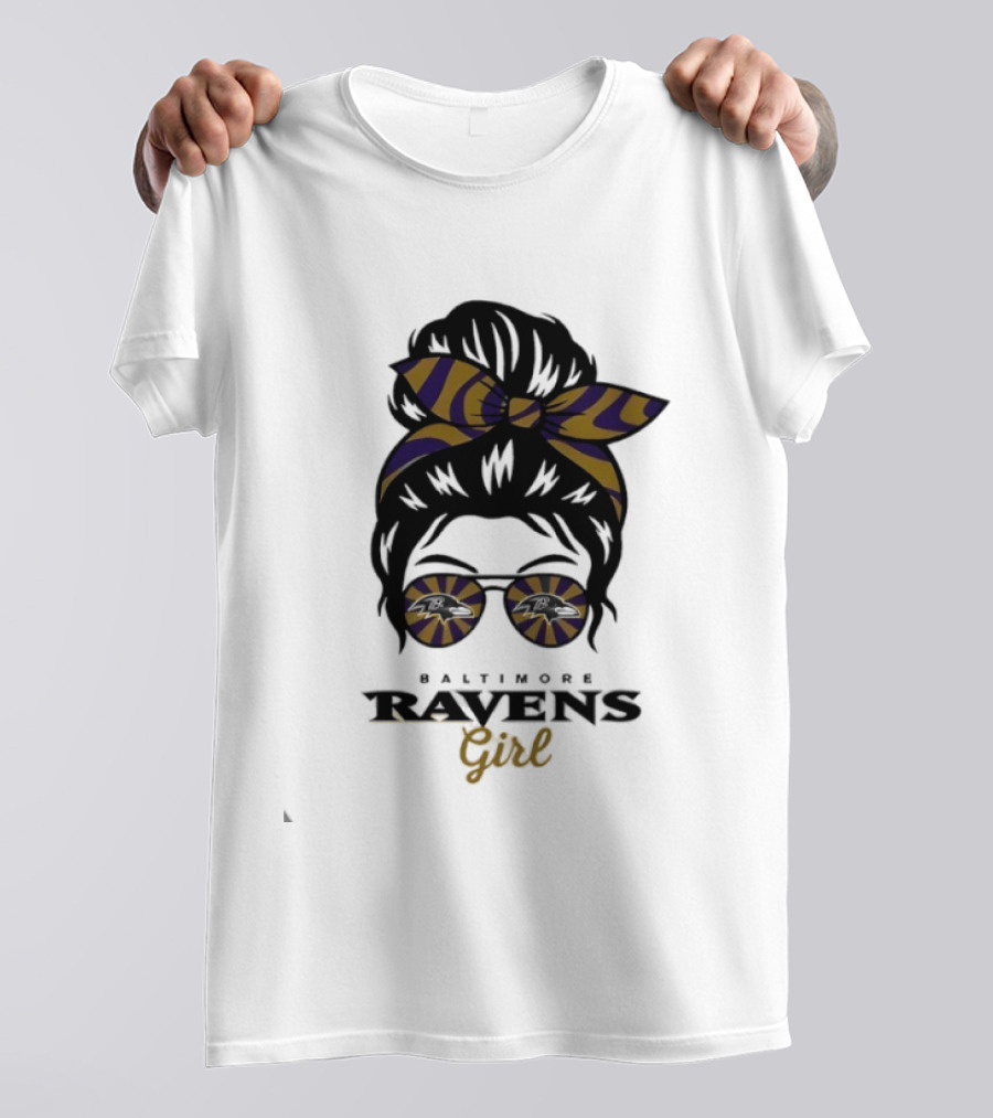 Baltimore Ravens Girl Messy Bun Glasses Bow Fan Gear T-Shirt