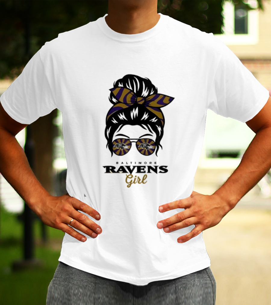 Baltimore Ravens Girl Messy Bun Glasses Bow Fan Gear T-Shirt