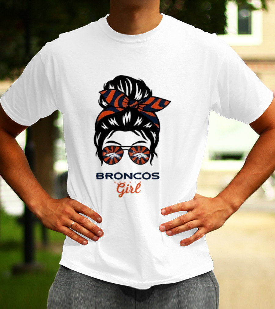 Broncos Girl Messy Bun Glasses And Bow T-Shirt