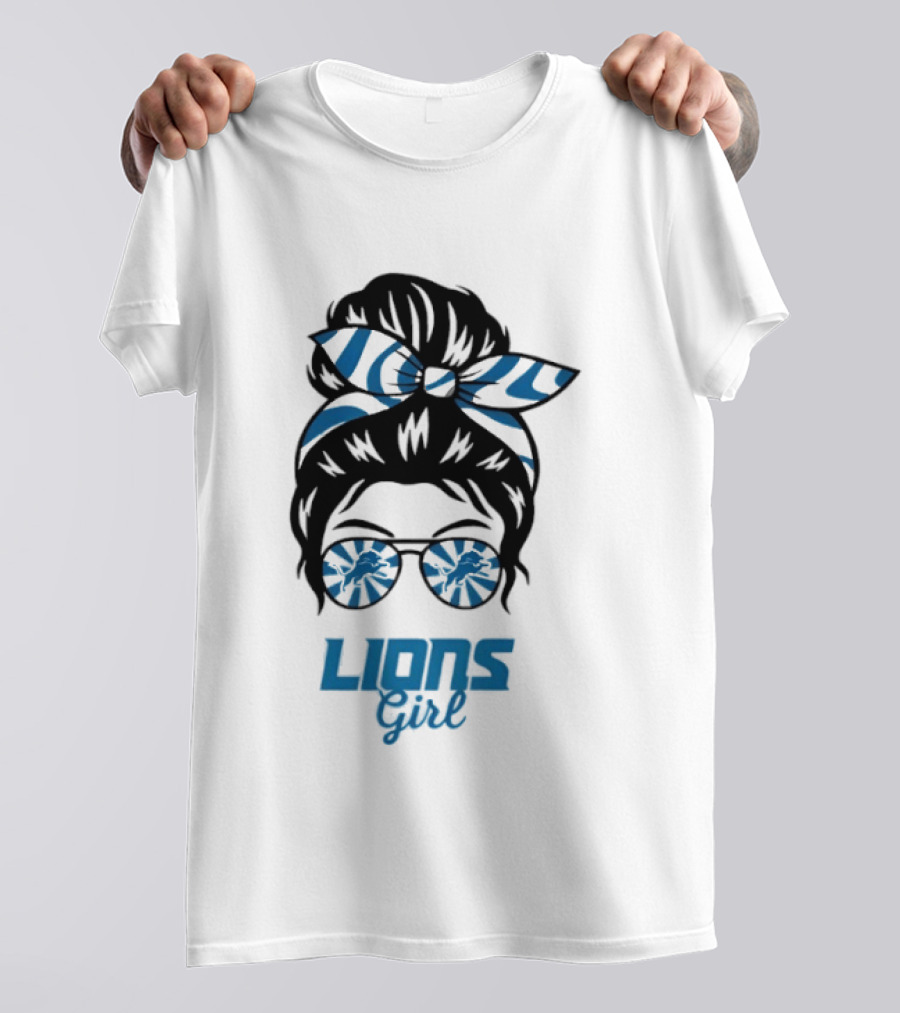 Detroit Lions Girl Glasses Messy Bun T-Shirt