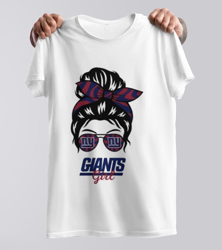 New York Giants Girl Messy Bun Glasses Bow T-Shirt