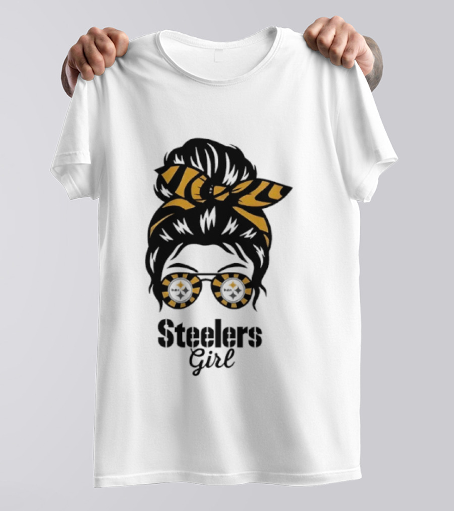 Pittsburgh Steelers Girl Messy Bun Glasses Black Gold Fan T-Shirt