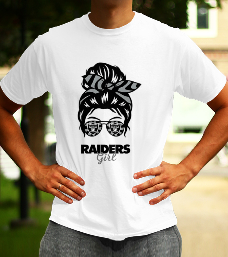 Raiders Girl Messy Bun Sunglasses Fan T-Shirt