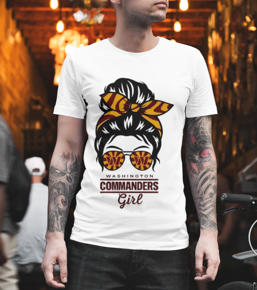 Washington Commanders Girl Messy Bun Glasses Football Fan T-Shirt