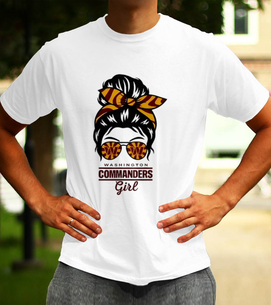 Washington Commanders Girl Messy Bun Glasses Football Fan T-Shirt