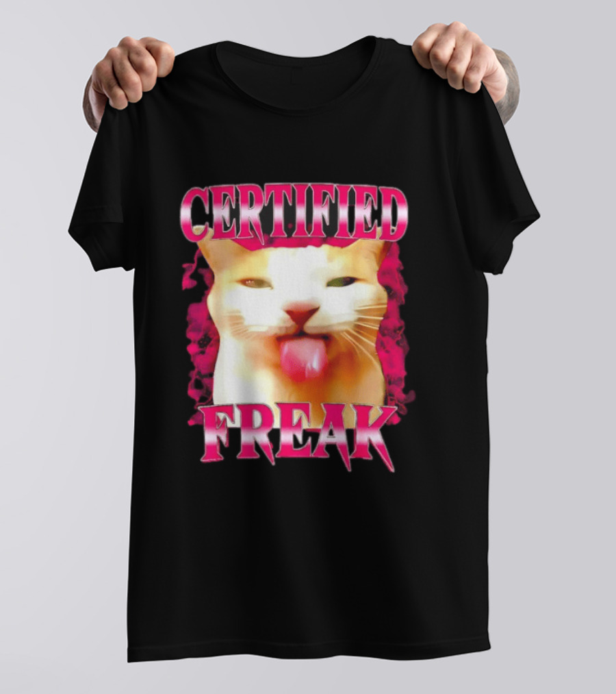 Certified Freak Cat Tongue Out Pink Edge T-Shirt