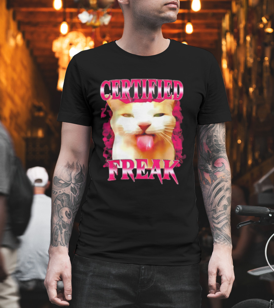Certified Freak Cat Tongue Out Pink Edge T-Shirt