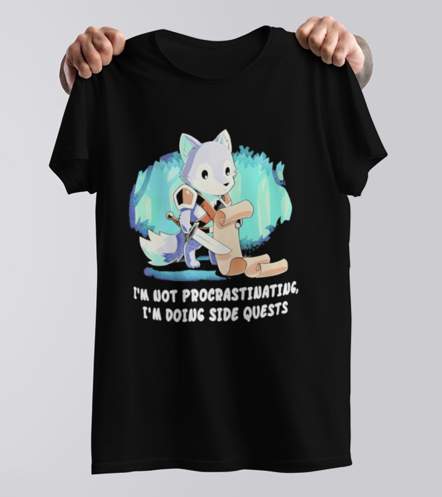 I'm Not Procrastinating I'm Doing Side Quests Cute Fantasy Wolf Cartoon T-Shirt