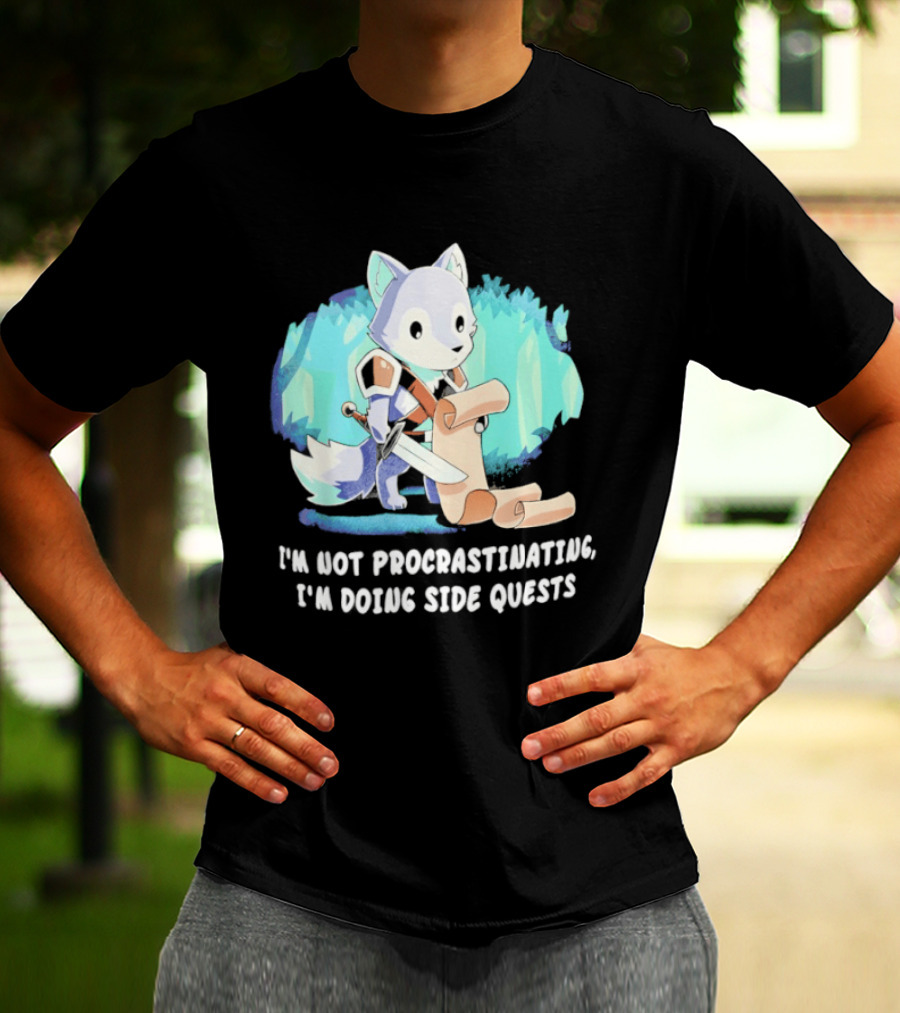 I'm Not Procrastinating I'm Doing Side Quests Cute Fantasy Wolf Cartoon T-Shirt